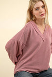 NJ Wine Ribbed V-Neck Knit Top