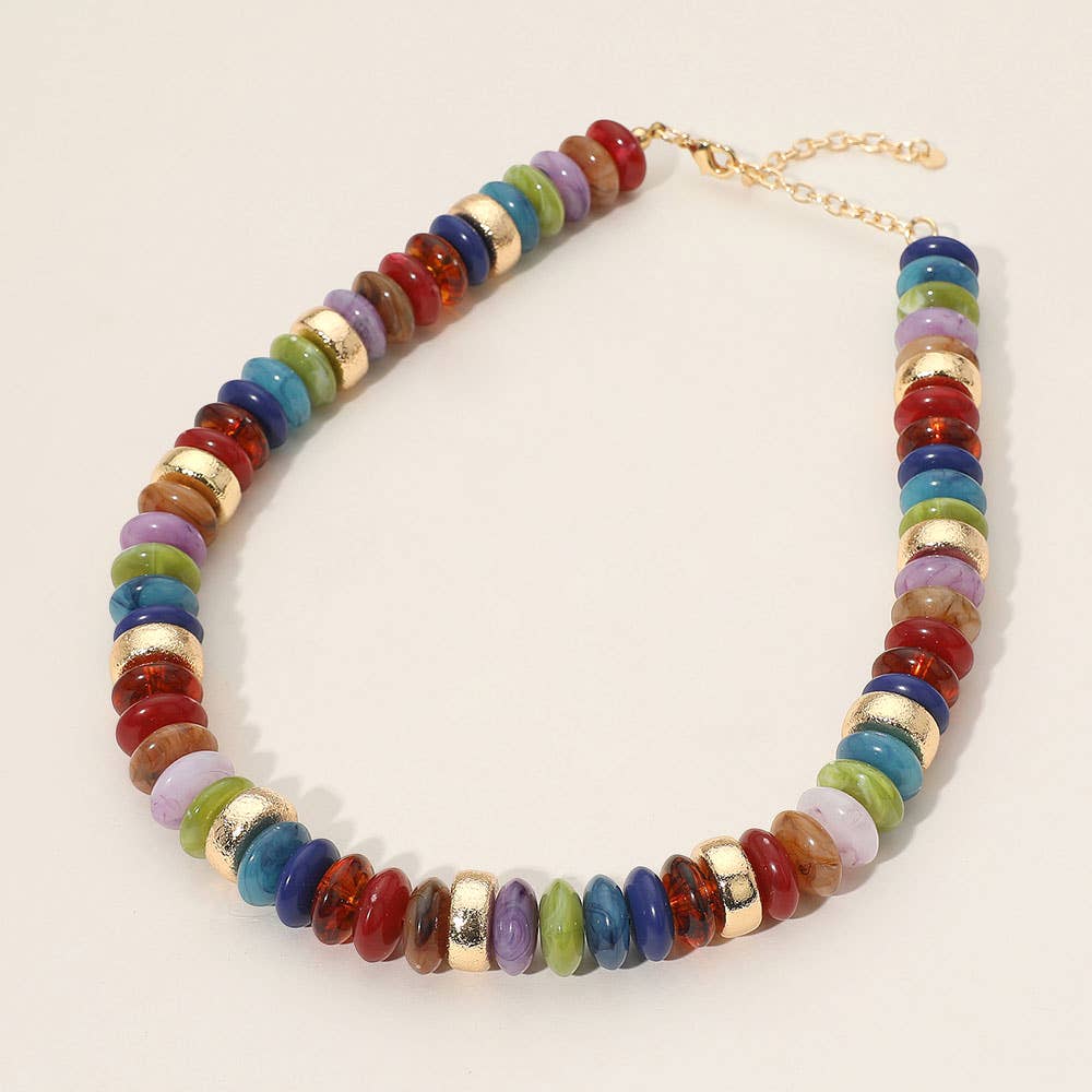 Chunky Resin Disc Beaded Necklace: Brown,Gold,Light