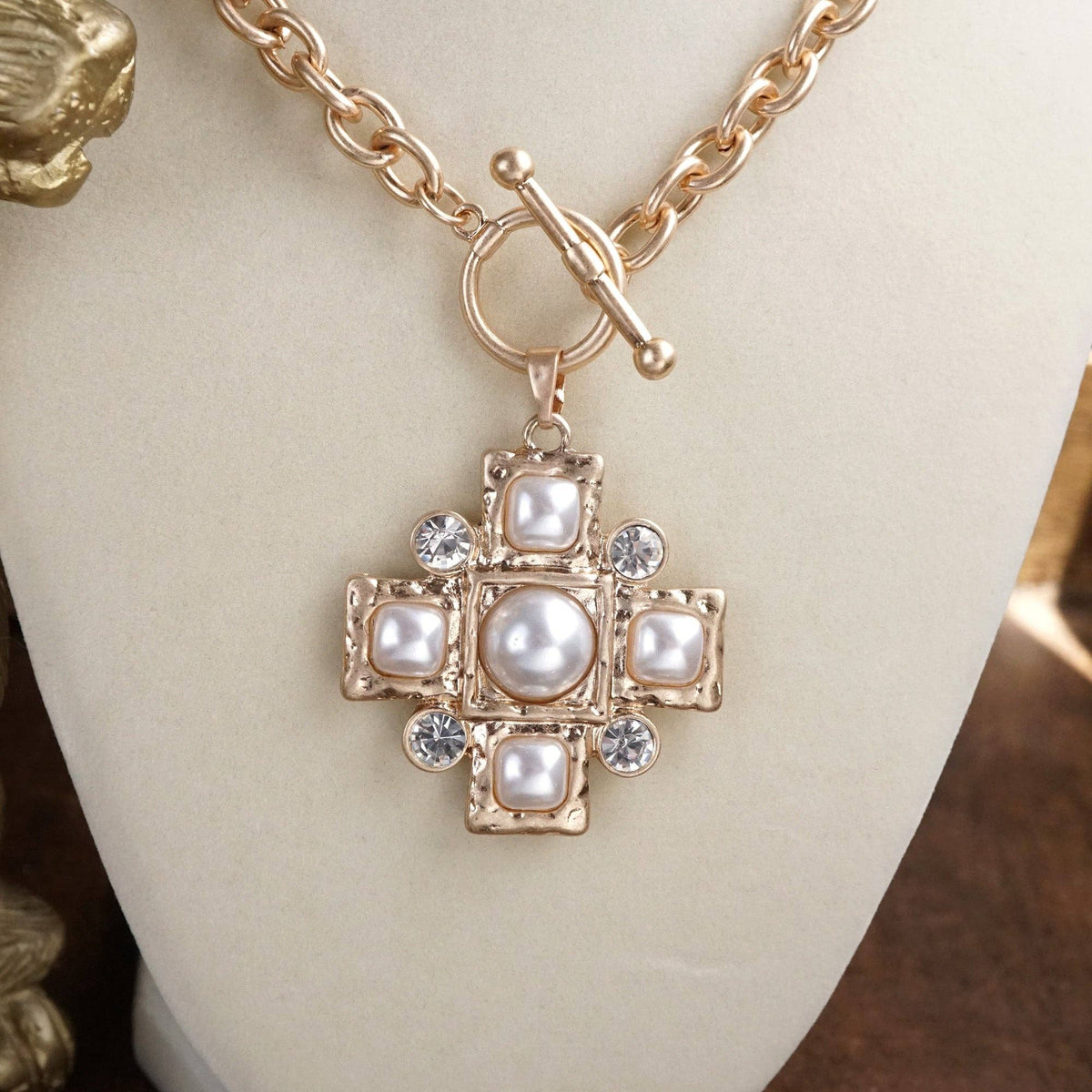 Golden Grace – Front Toggle Cross Necklace with Pearls & Crystals