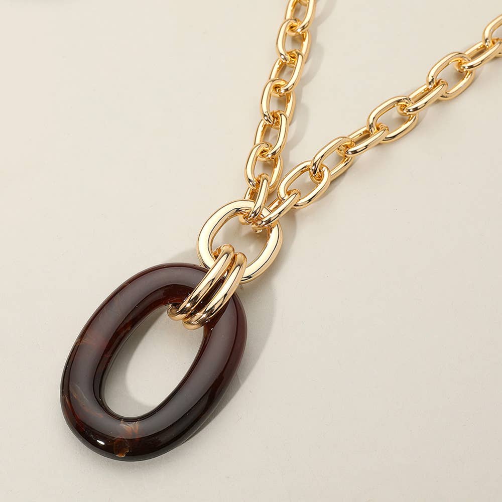 Celluloid Acetate Oval Ring Pendant Chunky Chain Necklace: Brown
