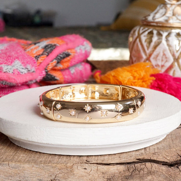 Gold-Tone Eternity Stretch Bangle –Wide - Pearls