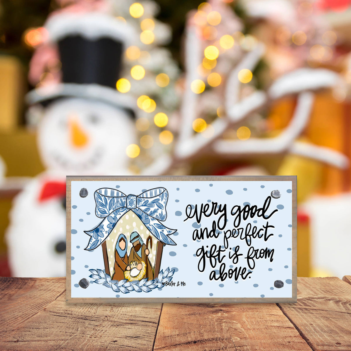 Blue Ribbon Bow Nativity Driftwood Happy Block