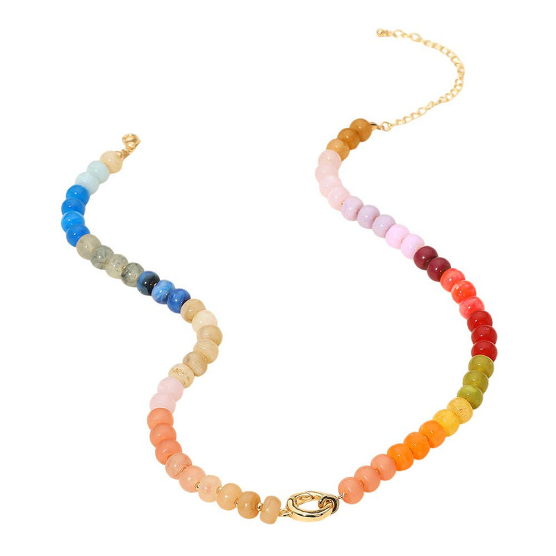 Metal Clasp Accent Gradient Beaded Necklace: Gold Multi