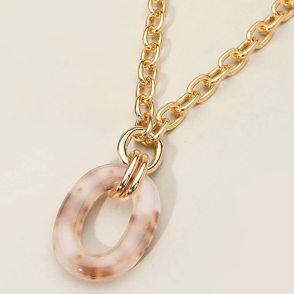 Celluloid Acetate Oval Ring Pendant Chunky Chain Necklace: Brown