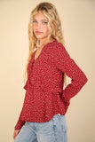 Red Dotted Ruffled Bell Sleeve Top