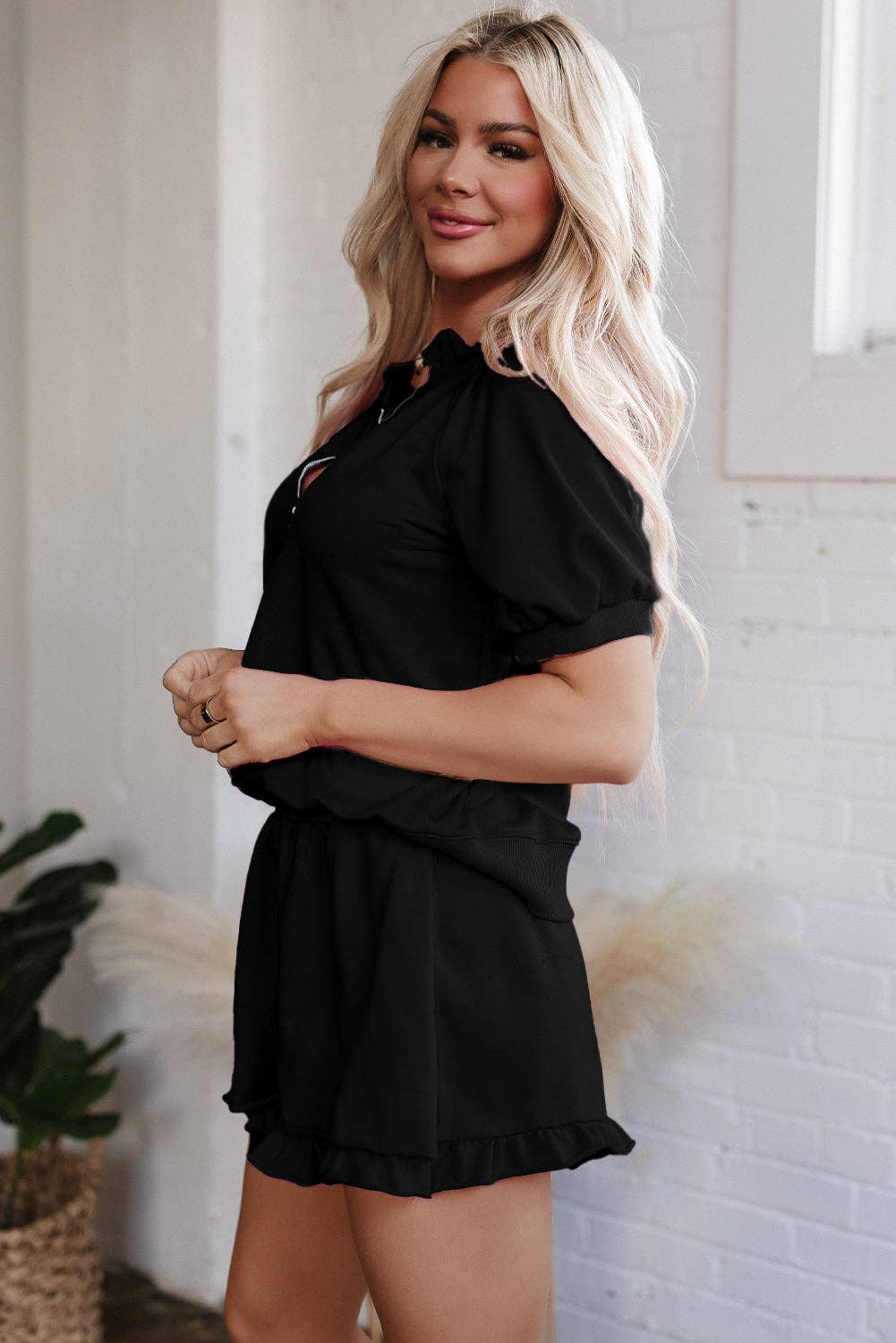 Solid Puff Sl Skorts Set Pink