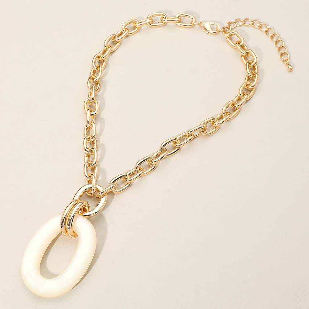 Celluloid Acetate Oval Ring Pendant Chunky Chain Necklace: Brown