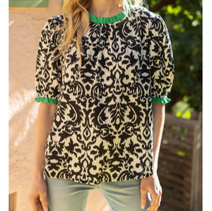 Green /Black Printed Ruffle Top