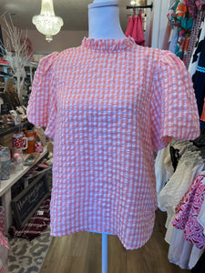 Peach Gingham Puff Sleeve