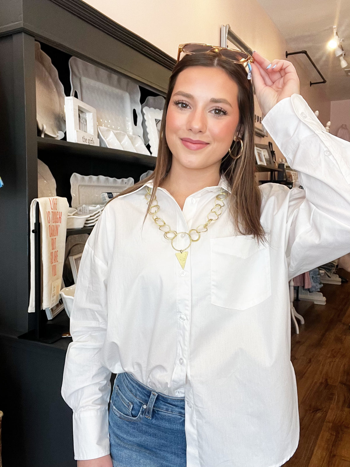 SD White Button Down LS Top