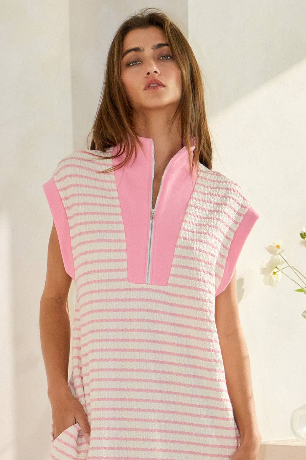 Pink Zip-Up Stripe Textured Dress