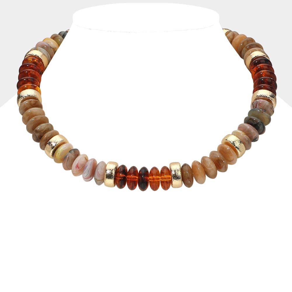 Chunky Resin Disc Beaded Necklace: Brown,Gold,Light