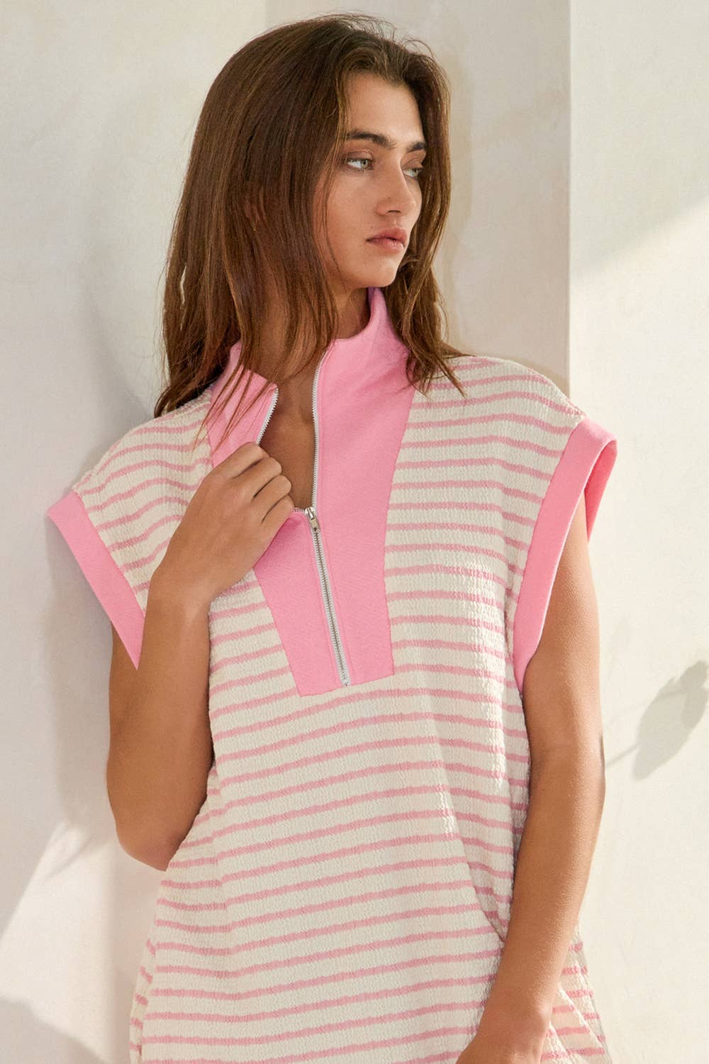 Pink Zip-Up Stripe Textured Dress