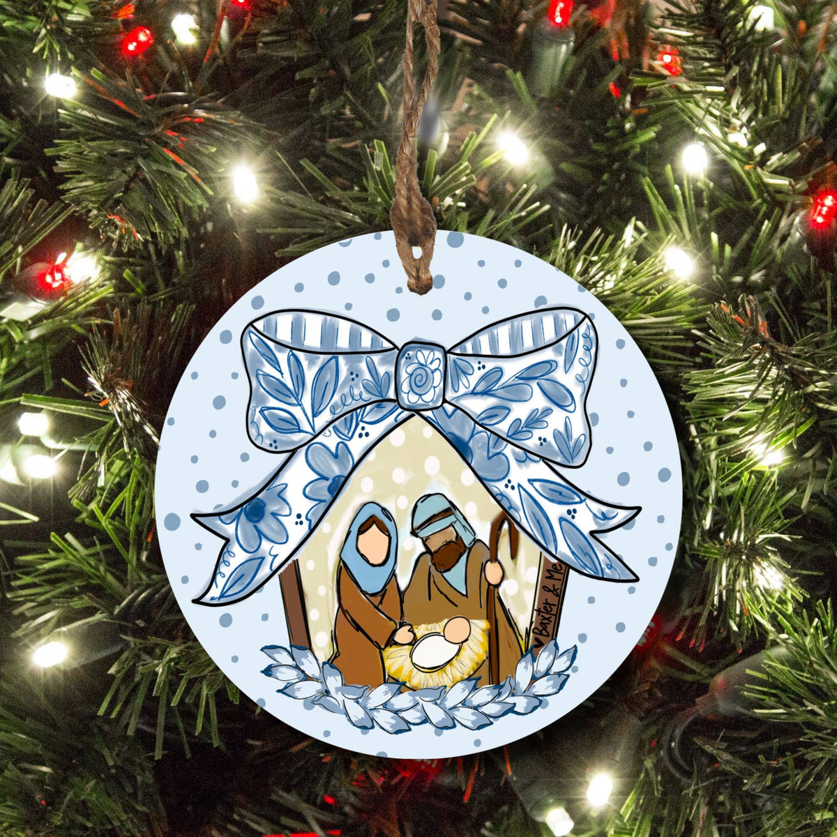 Blue Ribbon Bow Nativity Ornament