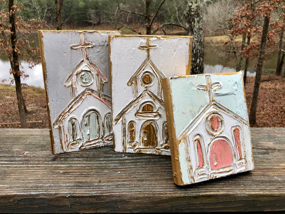 5x7 Church hand painted textured wood block: White background/gold accents