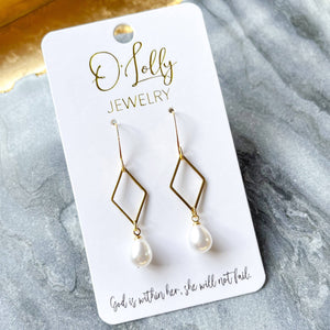 O’Lolly "Whitley" Earrings- Gold Rhombus w/Pearl Charm