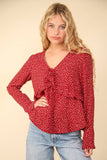 Red Dotted Ruffled Bell Sleeve Top