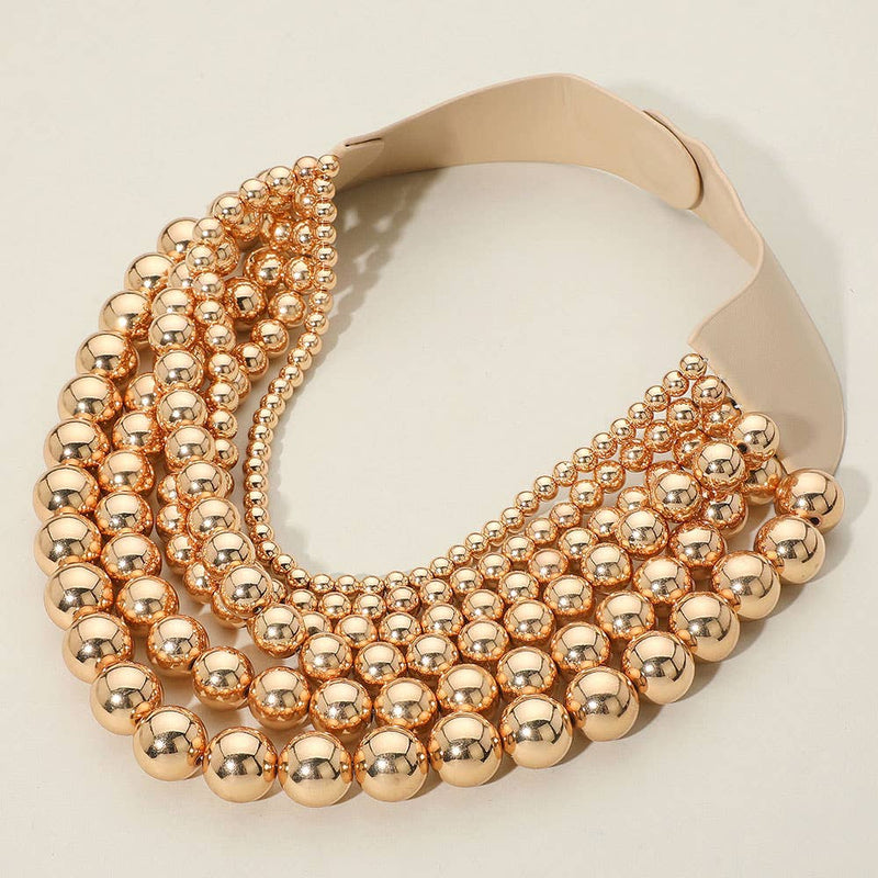 Chunky Metal Ball Beaded Multi Layered Faux Leather Magnetic Necklace: Gold