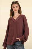 NJ  Otto Ribbed V-Neck Knit Top: OATMEAL