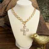 Primitive Cross Necklace – Worn Gold Tone with Acrylic Cabochons: Pearl