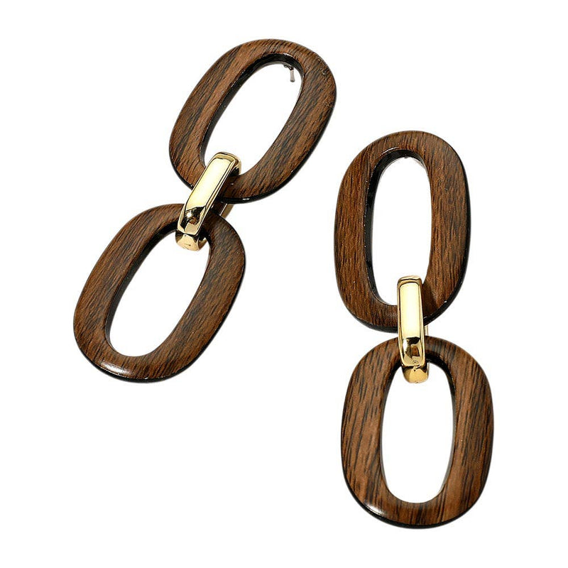 Geometric Bold Wooden Link Drop Earrings