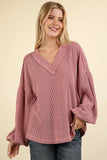 NJ Wine Ribbed V-Neck Knit Top