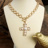 Primitive Cross Necklace – Worn Gold Tone with Acrylic TCabochons: Turquoise