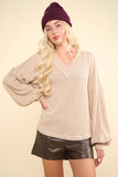 NJ  Otto Ribbed V-Neck Knit Top: OATMEAL