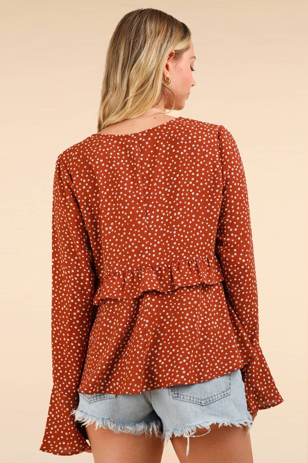 Red Dotted Ruffled Bell Sleeve Top