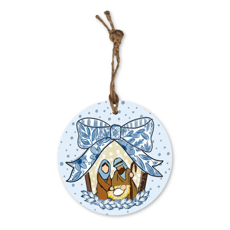 Blue Ribbon Bow Nativity Ornament