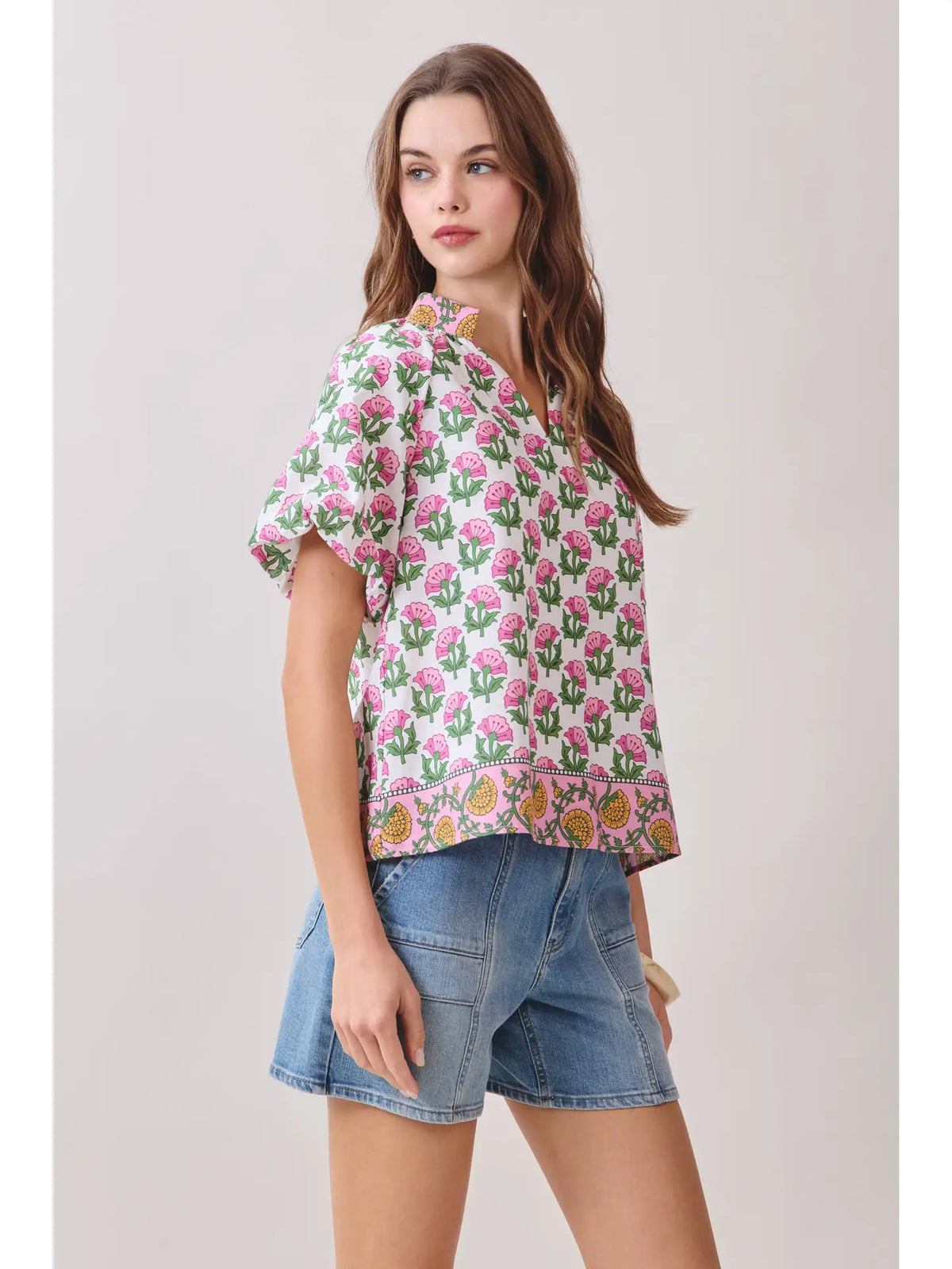 TCEC Floral Bubble Sleeves Top