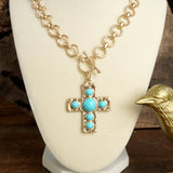 Primitive Cross Necklace – Worn Gold Tone with Acrylic TCabochons: Turquoise
