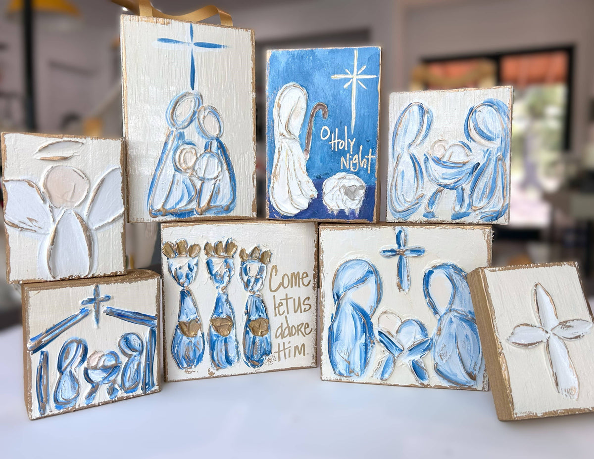 Mini Christmas Nativity | handmade painted textured block: Lavender