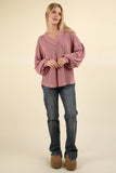 NJ Wine Ribbed V-Neck Knit Top