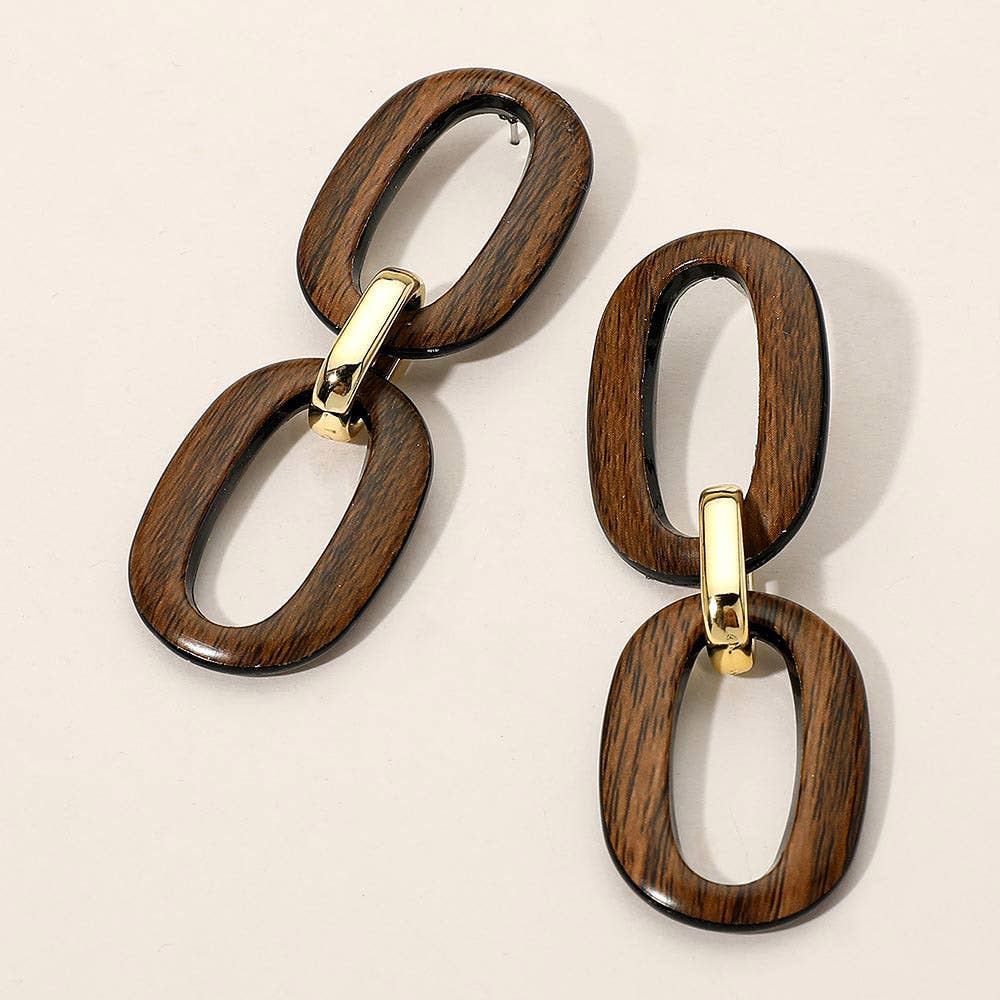 Geometric Bold Wooden Link Drop Earrings