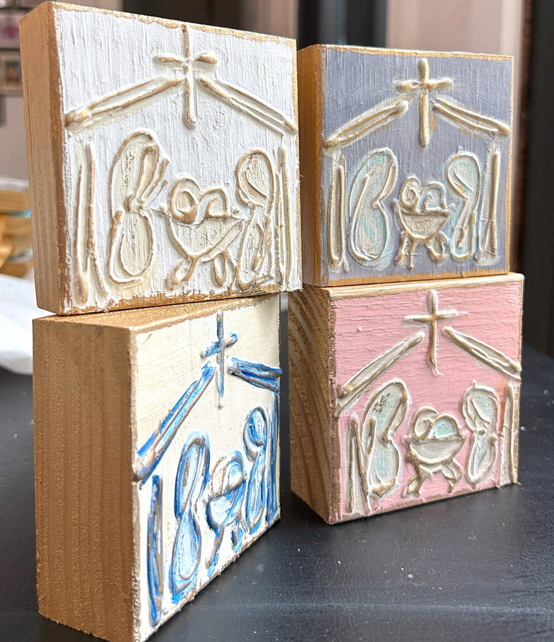 Mini Christmas Nativity | handmade painted textured block: White