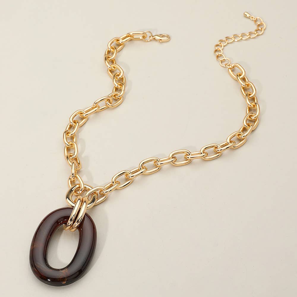 Celluloid Acetate Oval Ring Pendant Chunky Chain Necklace: Brown
