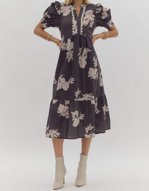 ET Charcoal Floral midi dress