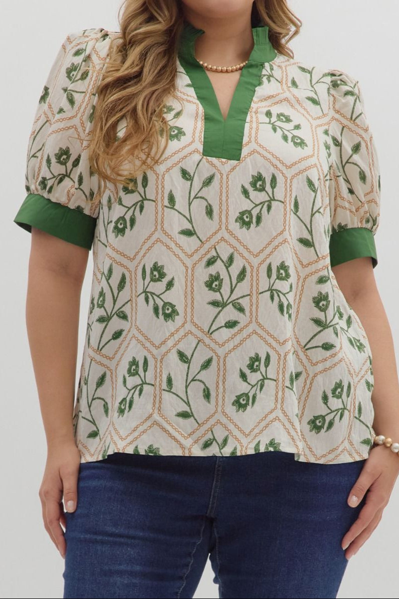 ET Green Trim Floral Top