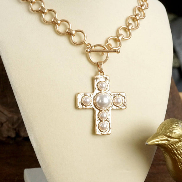 Primitive Cross Necklace – Worn Gold Tone with Acrylic Cabochons: Pearl