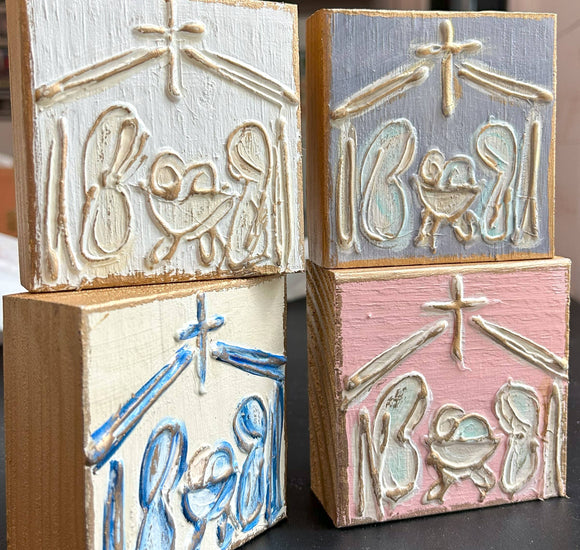 Mini Christmas Nativity | handmade painted textured block: Lavender