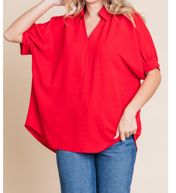 JF Red Collar Dolman Sleeve Blouse