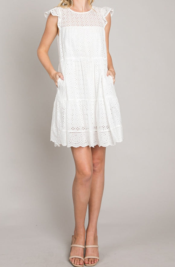 White Eyelet Flutter Sleeves Dress