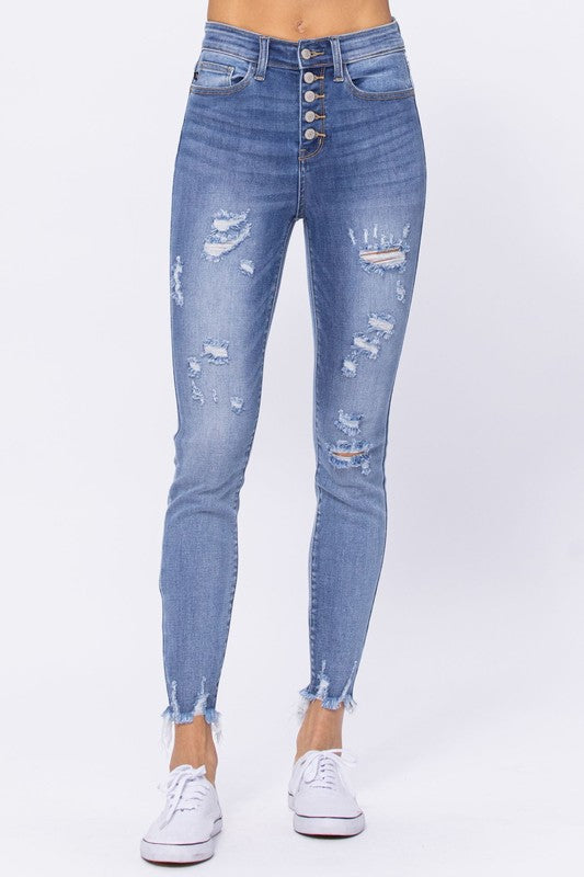 Judy Blue Hi Rise Skinny Destroyed Button Fly