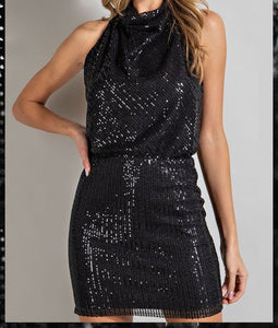 Black Sequin Halter Mini Dress