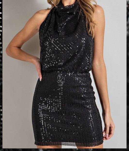 Black Sequin Halter Mini Dress
