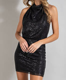 Black Sequin Halter Mini Dress