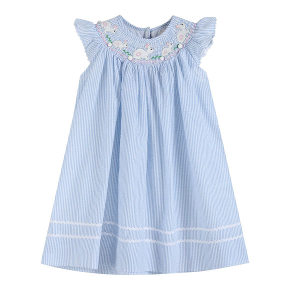 Blue Seersucker Easter Bunny Smocked Bishop Dress