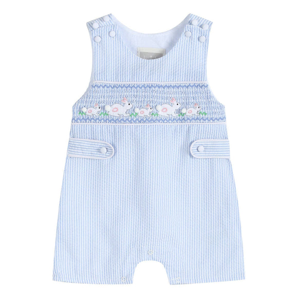 Blue Seersucker Bunnies Smocked Shortall