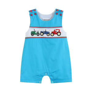 Blue Tractor Smocked Shortalls